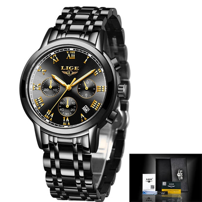 New Fashion Women Watches LIGE Top Brand Ladies Luxury Creative Steel Women Bracelet Watches Female Quartz Waterproof Watch Gift black gold, China