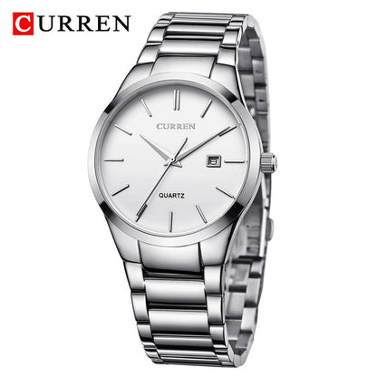 Men Watch Waterproof Simple Fashion Stainless Steel Strap Quartz Silver White