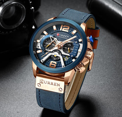 Men Watches Top Brand Luxury Blue Leather Chronograph Sport Watch For Men Fashion Date Waterproof Clock Reloj Hombre