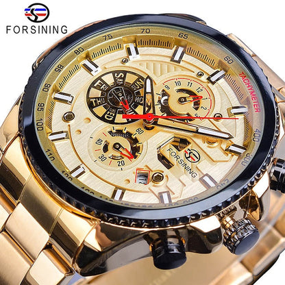 New Men Forsining Three Dial Calendar Watch Stainless Steel Men Mechanical Automatic Wrist Watches Top Brand Luxury Military Sport Male Clock