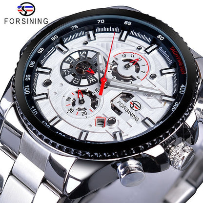 New Men Forsining Three Dial Calendar Watch Stainless Steel Men Mechanical Automatic Wrist Watches Top Brand Luxury Military Sport Male Clock