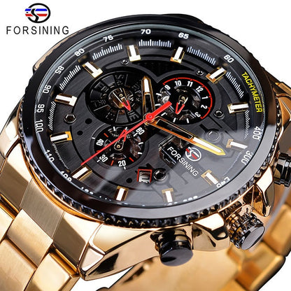 New Men Forsining Three Dial Calendar Watch Stainless Steel Men Mechanical Automatic Wrist Watches Top Brand Luxury Military Sport Male Clock
