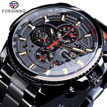 New Men Forsining Three Dial Calendar Watch Stainless Steel Men Mechanical Automatic Wrist Watches Top Brand Luxury Military Sport Male Clock