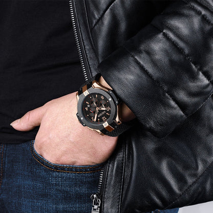 Men Watch Quartz Watch Gold Rubber Band 3ATM Water Resistant Chronograph Wrist Watch