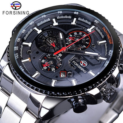 New Men Forsining Three Dial Calendar Watch Stainless Steel Men Mechanical Automatic Wrist Watches Top Brand Luxury Military Sport Male Clock