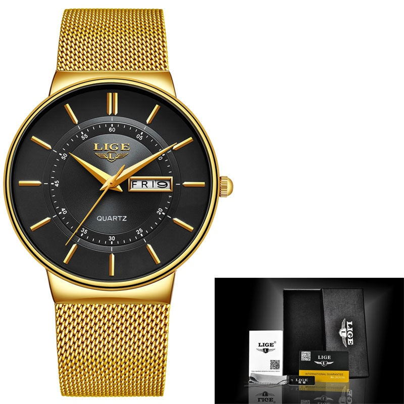 New Men Watches Waterproof Ultra Thin Date Clock Male Steel Strap Casual Quartz Watch Men Sports Wrist Watch All gold
