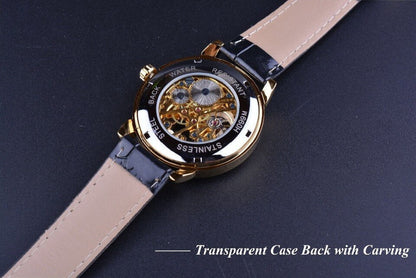 New Men Forsining Black Gold Watch 3d Logo Design Hollow Engraving Black Gold Case Leather Skeleton Mechanical Watches Men Luxury Brand Heren Horloge
