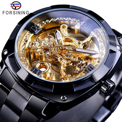 New Men Forsining Transparent Watch Retro Automatic Mechanical Watch Top Brand Luxury Full Golden Luminous Hands Skeleton Clock