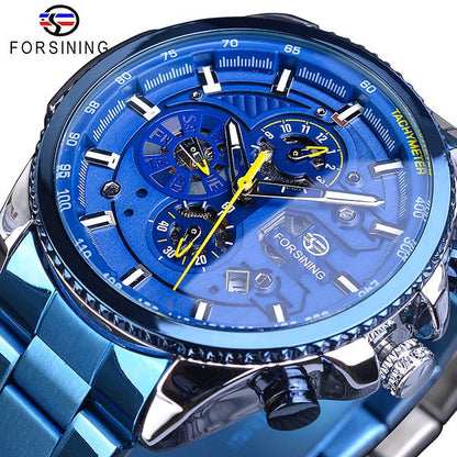 New Men Forsining Three Dial Calendar Watch Stainless Steel Men Mechanical Automatic Wrist Watches Top Brand Luxury Military Sport Male Clock