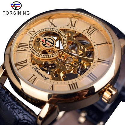 New Men Forsining Black Gold Watch 3d Logo Design Hollow Engraving Black Gold Case Leather Skeleton Mechanical Watches Men Luxury Brand Heren Horloge