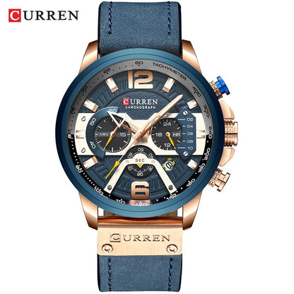 Men Watches Top Brand Luxury Blue Leather Chronograph Sport Watch For Men Fashion Date Waterproof Clock Reloj Hombre
