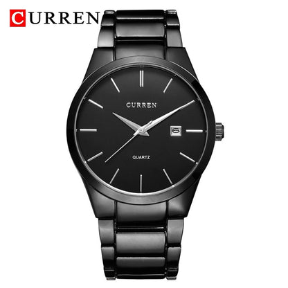 Men Watch Waterproof Simple Fashion Stainless Steel Strap Quartz Black