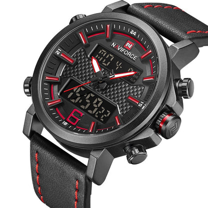 Men Sports Watches Men Quartz LED Digital Clock Top Brand Luxury Male Fashion Leather Waterproof Military Wrist Watch Black Red, China