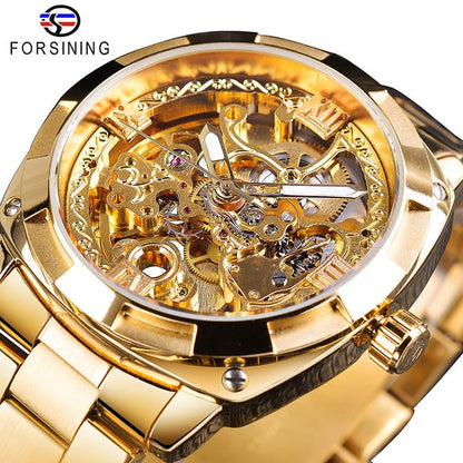 New Men Forsining Transparent Watch Retro Automatic Mechanical Watch Top Brand Luxury Full Golden Luminous Hands Skeleton Clock