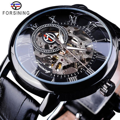 New Men Forsining Black Gold Watch 3d Logo Design Hollow Engraving Black Gold Case Leather Skeleton Mechanical Watches Men Luxury Brand Heren Horloge
