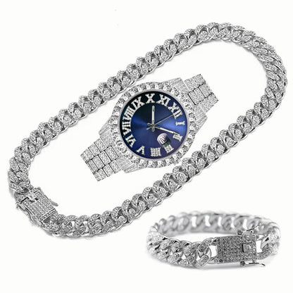Full Iced Out Watch Mens Cuban Link Chain Bracelet Necklace Choker Bling Jewelry for Men Big Gold Chains Hip Hop Men Watch Set