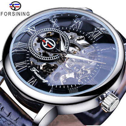 New Men Forsining Black Gold Watch 3d Logo Design Hollow Engraving Black Gold Case Leather Skeleton Mechanical Watches Men Luxury Brand Heren Horloge
