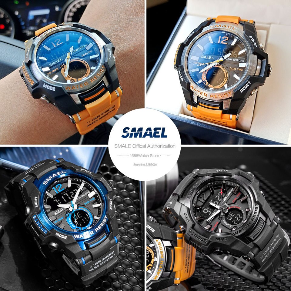 SMAEL Dual Time Army Sport Watch for Men Luminous Waterproof Quart Digital Wristwatch Alarm Clock LED Backlight Calendar 1805