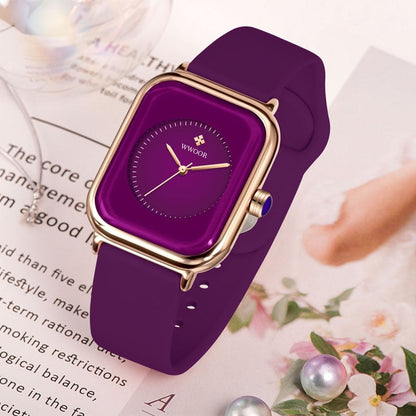 Luxury Brand Watches For Women Fashion Square Purple Ladies Quartz Wristwatch Waterproof Silicone Band Relogio Feminino