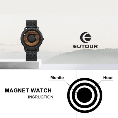 Original Magnetic Wooden Dial Fashion Casual Quartz Watch Simple Men Watch Stainless Steel Leather Strap