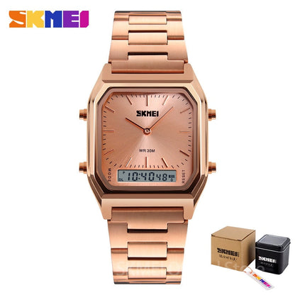 Men Digital Dual Time Sports Chronograph 3 bar Waterproof Quartz Wristwatches relogio masculino 1220 rose gold with box, CN