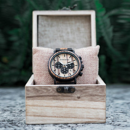 New Wooden Watch Men Stylish Wood Timepieces Chronograph Military Quartz Watches in Wood Gift Box