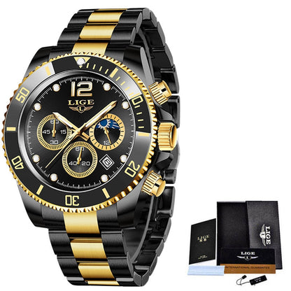 LIGE Watches Men Top Brand Luxury Clock Casual Stainless Steel 24 Hour Moon Phase Men Watch Sport Waterproof Quartz Chronograph