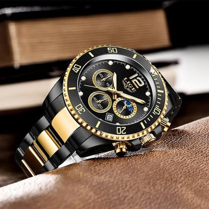 LIGE Watches Men Top Brand Luxury Clock Casual Stainless Steel 24 Hour Moon Phase Men Watch Sport Waterproof Quartz Chronograph