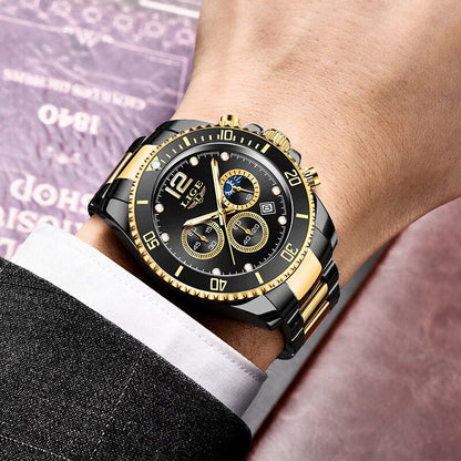 LIGE Watches Men Top Brand Luxury Clock Casual Stainless Steel 24 Hour Moon Phase Men Watch Sport Waterproof Quartz Chronograph