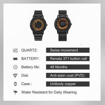 Original Magnetic Wooden Dial Fashion Casual Quartz Watch Simple Men Watch Stainless Steel Leather Strap