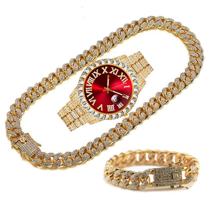 Full Iced Out Watch Mens Cuban Link Chain Bracelet Necklace Choker Bling Jewelry for Men Big Gold Chains Hip Hop Men Watch Set
