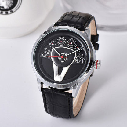Casual Personality Classic precision Men Quartz watch Racing Free Stainless Casual Sports 3D Car Steering Wheel Clock