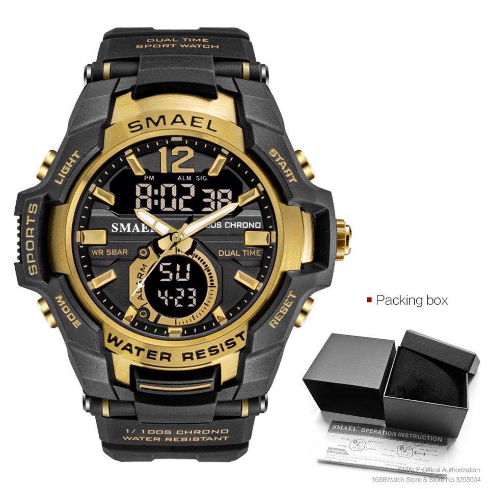 SMAEL Dual Time Army Sport Watch for Men Luminous Waterproof Quart Digital Wristwatch Alarm Clock LED Backlight Calendar 1805