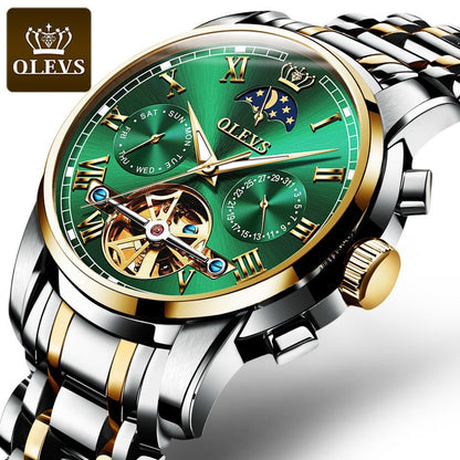 New Men OLEVS Mechanical Dress Watch Top Brand Men Watch Automatic  Dress Luxury Moon Light Phase Tour Billon Wristwatch Gifts for Male