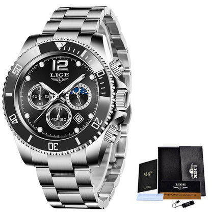 LIGE Watches Men Top Brand Luxury Clock Casual Stainless Steel 24 Hour Moon Phase Men Watch Sport Waterproof Quartz Chronograph