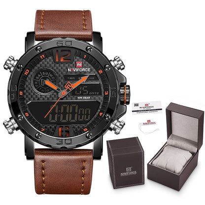 Men Watches To Luxury Brand Men Leather Sports Watches NAVIFORCE Men Quartz LED Digital Clock Waterproof Military Wrist Watch