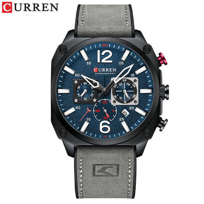 New Men Watch Fashion Waterproof Multi-function Chronograph Clock Leather Six Needle Calendar luminous Quartz Watches gray blue