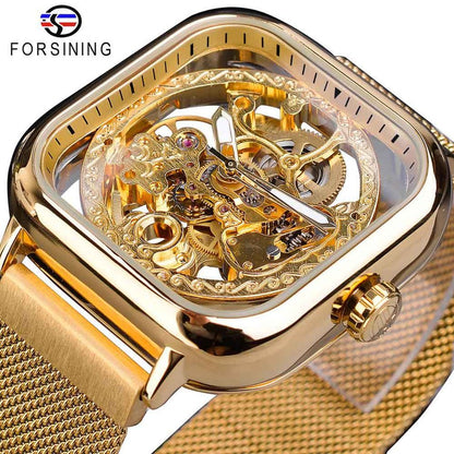 New Men Forsining Golden Automatic Watch Square Skeleton Mesh Steel Band Mechanical Business Clock Relogio Masculino Erkek Kol Saati