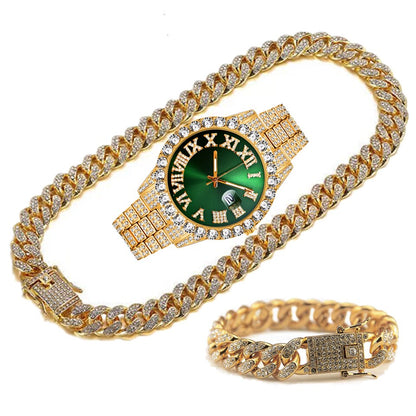 Full Iced Out Watch Mens Cuban Link Chain Bracelet Necklace Choker Bling Jewelry for Men Big Gold Chains Hip Hop Men Watch Set gold green