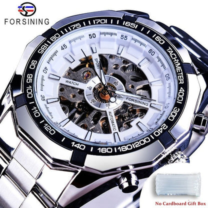 New Men Forsining Stainless Steel Watch Waterproof Mens Skeleton Watches Top Brand Luxury Transparent Mechanical Sport Male Wrist Watches