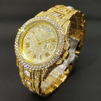 New Iced Out Watch For Men Luxury Gold Full Diamond Mens Watches Hip Hop Waterproof Day Date Clock