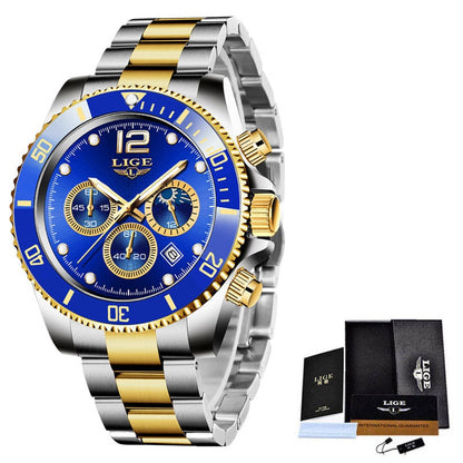 LIGE Watches Men Top Brand Luxury Clock Casual Stainless Steel 24 Hour Moon Phase Men Watch Sport Waterproof Quartz Chronograph
