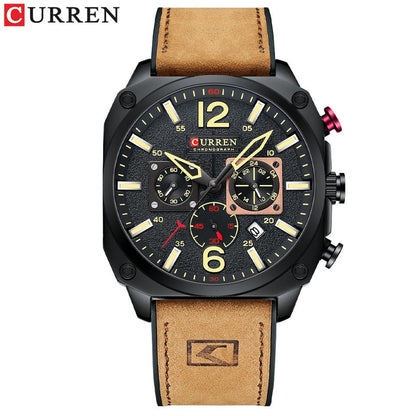 New Men Watch Fashion Waterproof Multi-function Chronograph Clock Leather Six Needle Calendar luminous Quartz Watches orange
