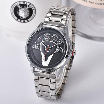 Casual Personality Classic precision Men Quartz watch Racing Free Stainless Casual Sports 3D Car Steering Wheel Clock
