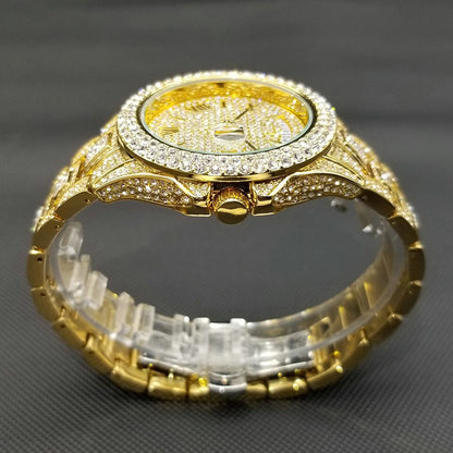 New Iced Out Watch For Men Luxury Gold Full Diamond Mens Watches Hip Hop Waterproof Day Date Clock