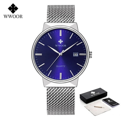 Men Simple Slim Watches Luxury Brand Gold Steel Mesh Ultra Thin Waterproof Date Wrist Watch Men Golden Clock With Box