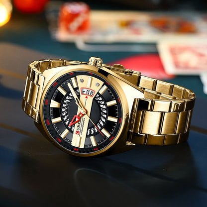 Men Watch Stainless Steel Band Luxury Quartz Wristwatches for Male Creative Design Golden Clock with Luminous