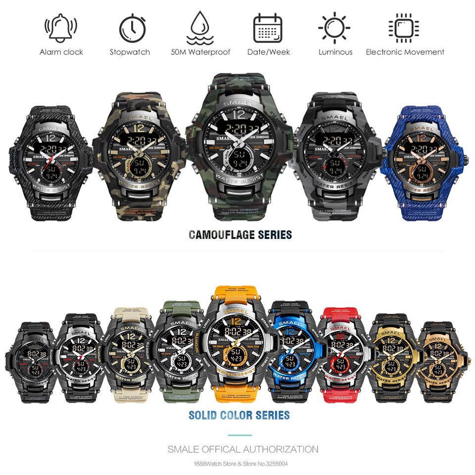 SMAEL Dual Time Army Sport Watch for Men Luminous Waterproof Quart Digital Wristwatch Alarm Clock LED Backlight Calendar 1805