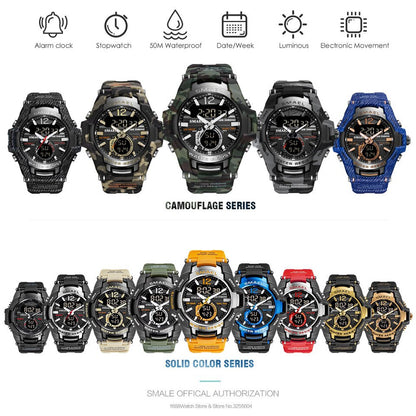 SMAEL Dual Time Army Sport Watch for Men Luminous Waterproof Quart Digital Wristwatch Alarm Clock LED Backlight Calendar 1805