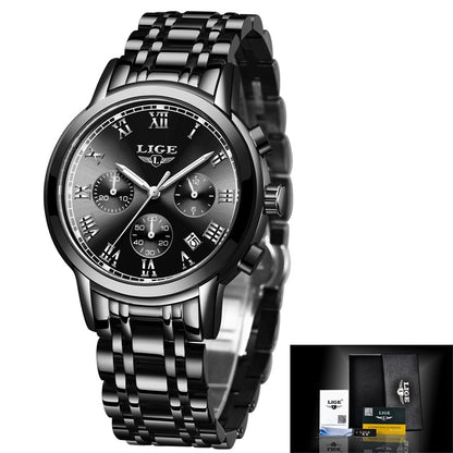 New Fashion Women Watches LIGE Top Brand Ladies Luxury Creative Steel Women Bracelet Watches Female Quartz Waterproof Watch Gift black Silver, China